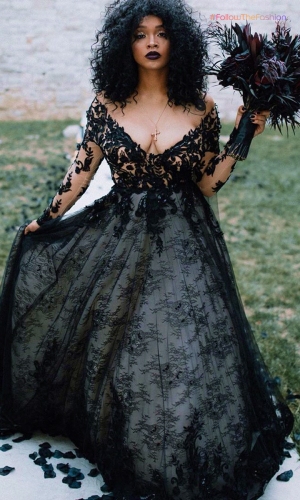 Sheer Long Sleeved Black Wedding Dress 2