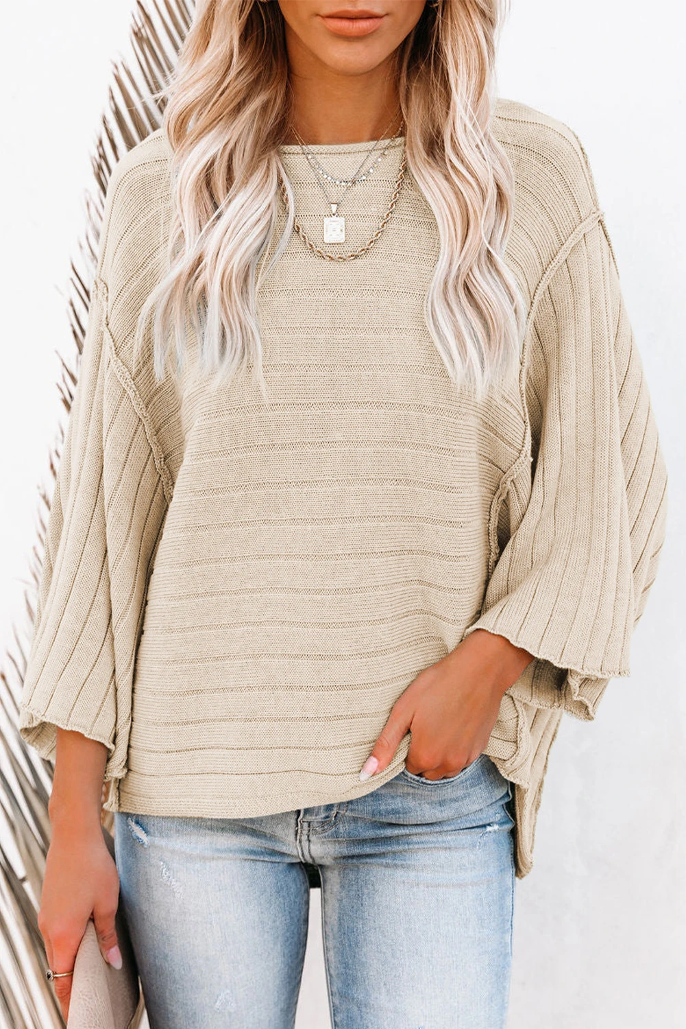 Apricot Solid Ribbed Knit 3/4 Sleeve Pullover