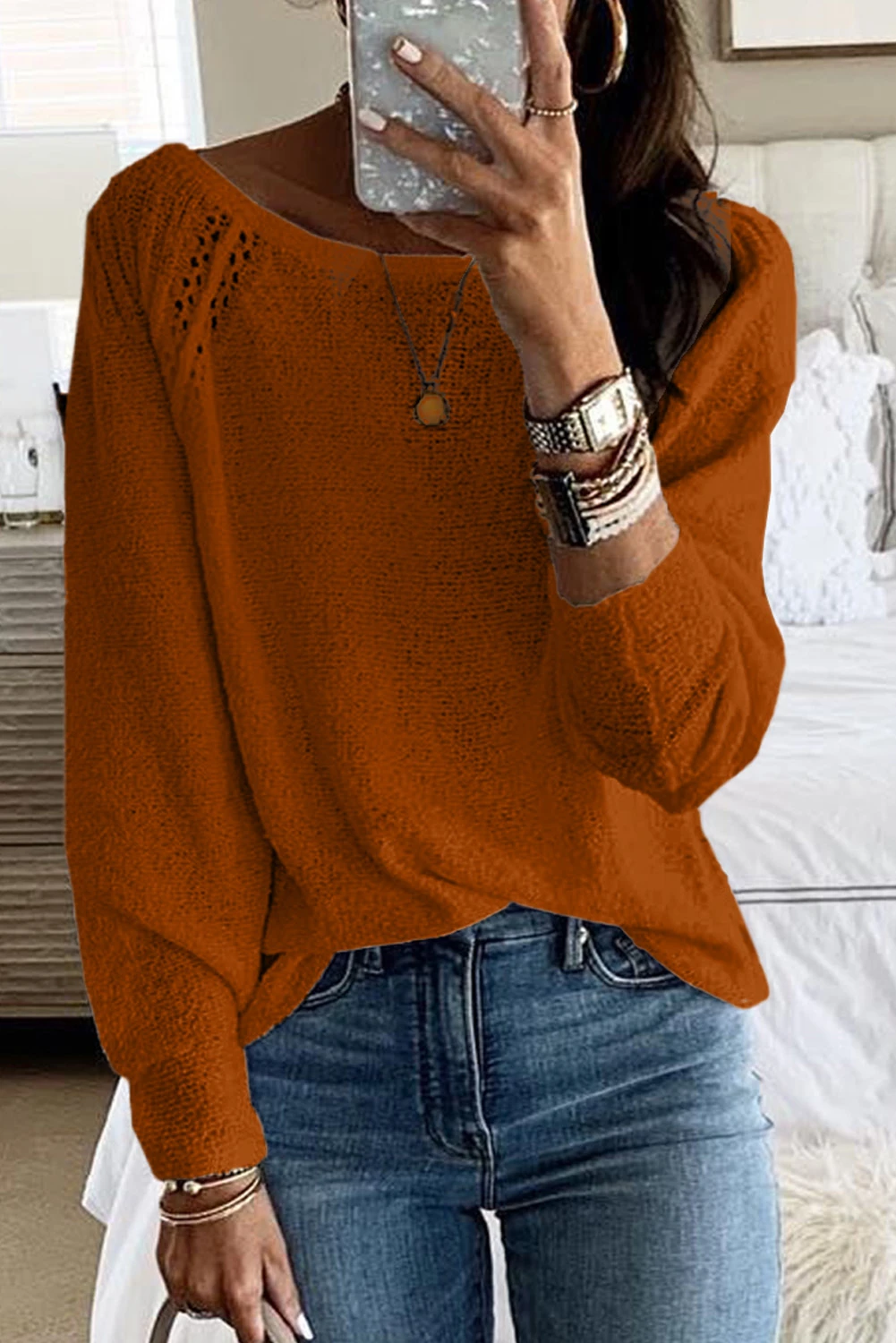 Brown Plain Raglan Sleeve Casual Sweater